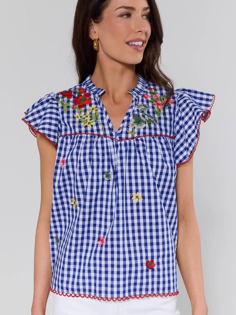 Avara Adela Blue Gingham Embroidered Top